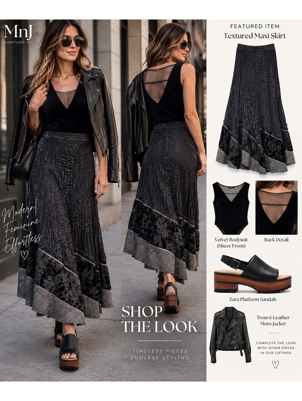 Tango Mango Black Velvet Mixed Texture Tiered Maxi Skirt Size M